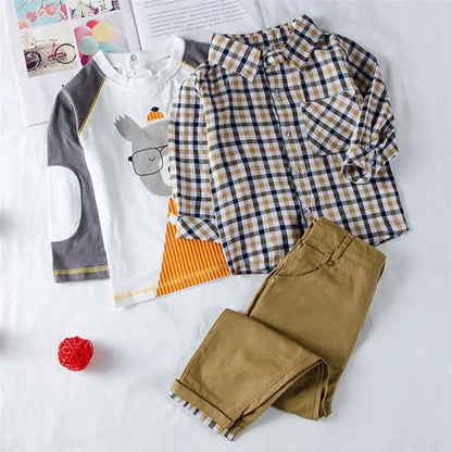 Kids Boys Plaid Coat T-Shirt Pants Set 3pcs