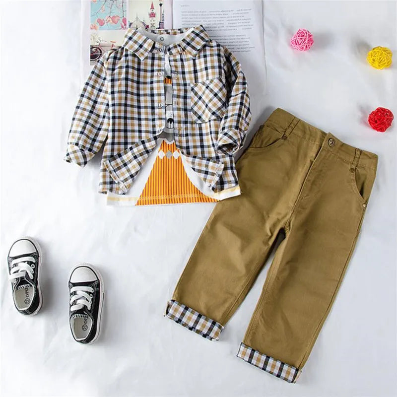 Kids Boys Plaid Coat T-Shirt Pants Set 3pcs