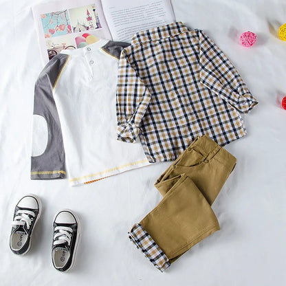 Kids Boys Plaid Coat T-Shirt Pants Set 3pcs