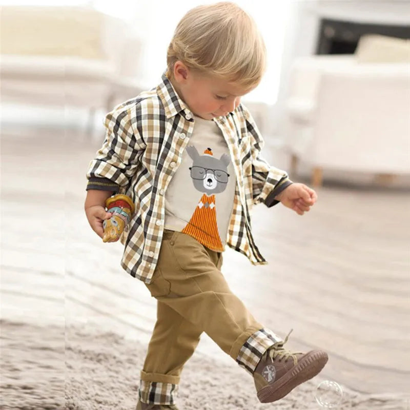 Kids Boys Plaid Coat T-Shirt Pants Set 3pcs