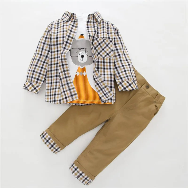Kids Boys Plaid Coat T-Shirt Pants Set 3pcs