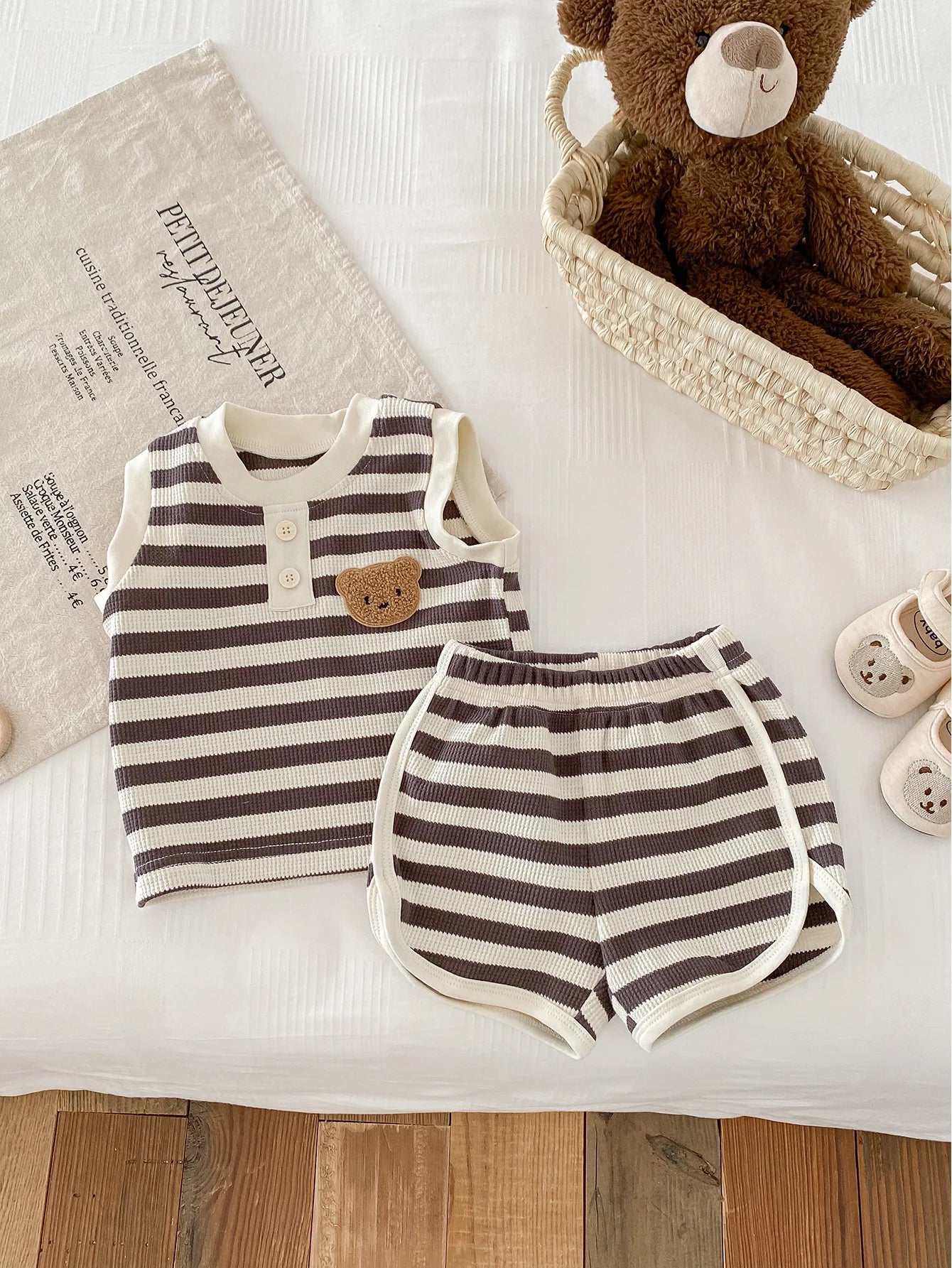 MILANCEL 2024 baby sleeveless set with striped tee and shorts, featuring a cute bear patch, suitable for infant boys.
