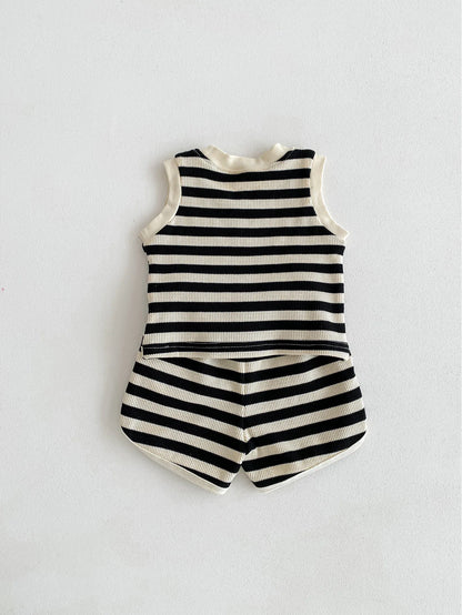 MILANCEL 2024 baby sleeveless set featuring black and white striped tee and shorts for boys.