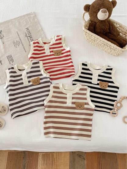 Four striped sleeveless baby tees in various colors with bear appliques, displayed on a white surface.