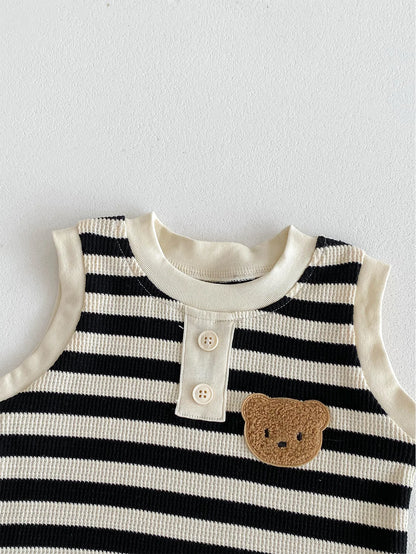 MILANCEL baby sleeveless tee with black and white stripes and bear patch for boys.