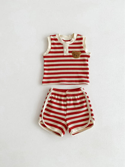 Red and white striped sleeveless tee and shorts set for babies by MILANCEL, featuring a cute bear patch.
