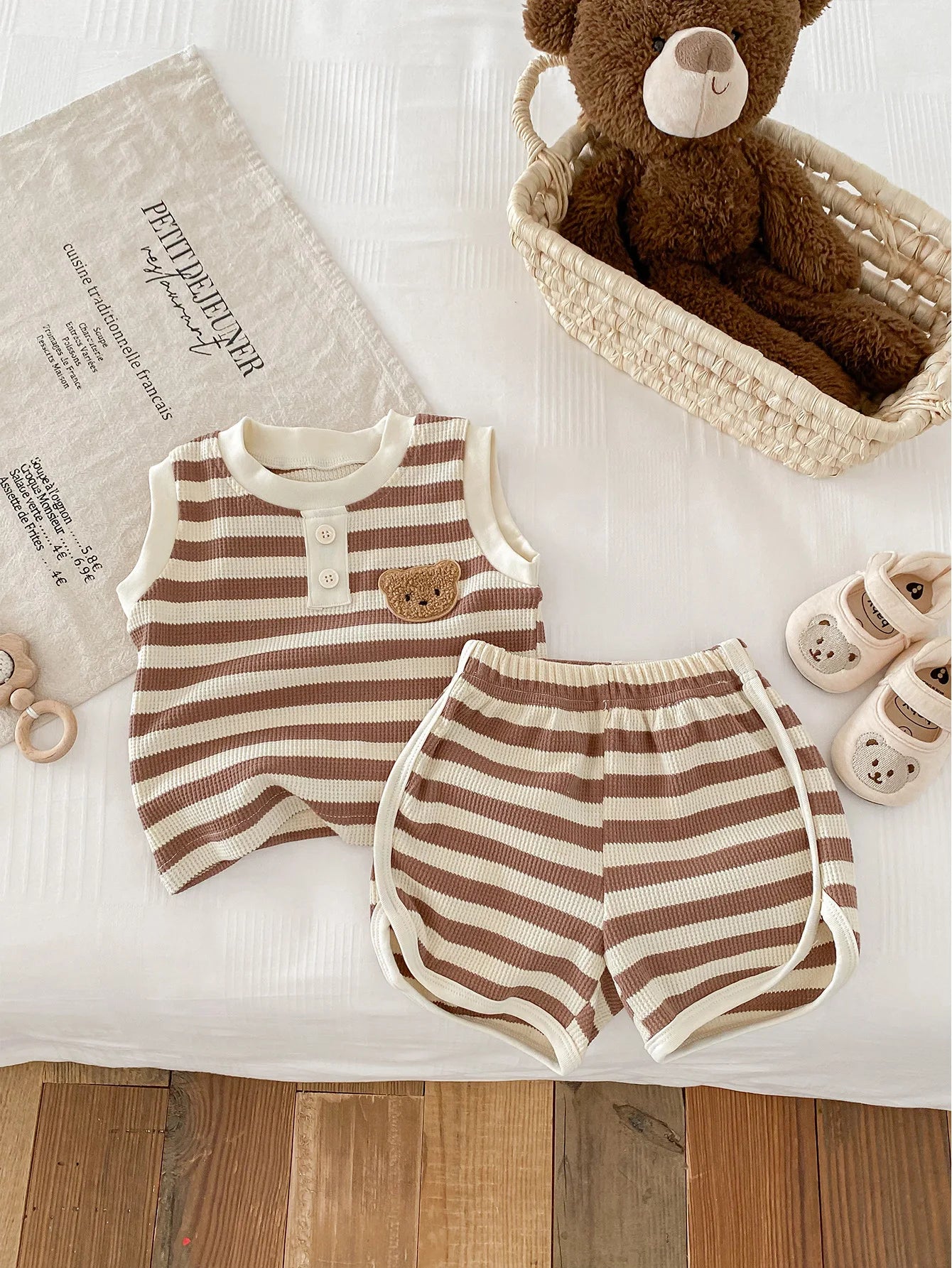 MILANCEL 2024 baby sleeveless tee and shorts set in brown stripes, perfect for boys ages 0-36 months.
