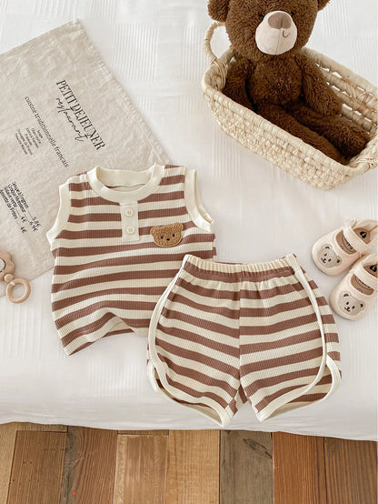 MILANCEL 2024 baby sleeveless tee and shorts set in brown stripes, perfect for boys ages 0-36 months.