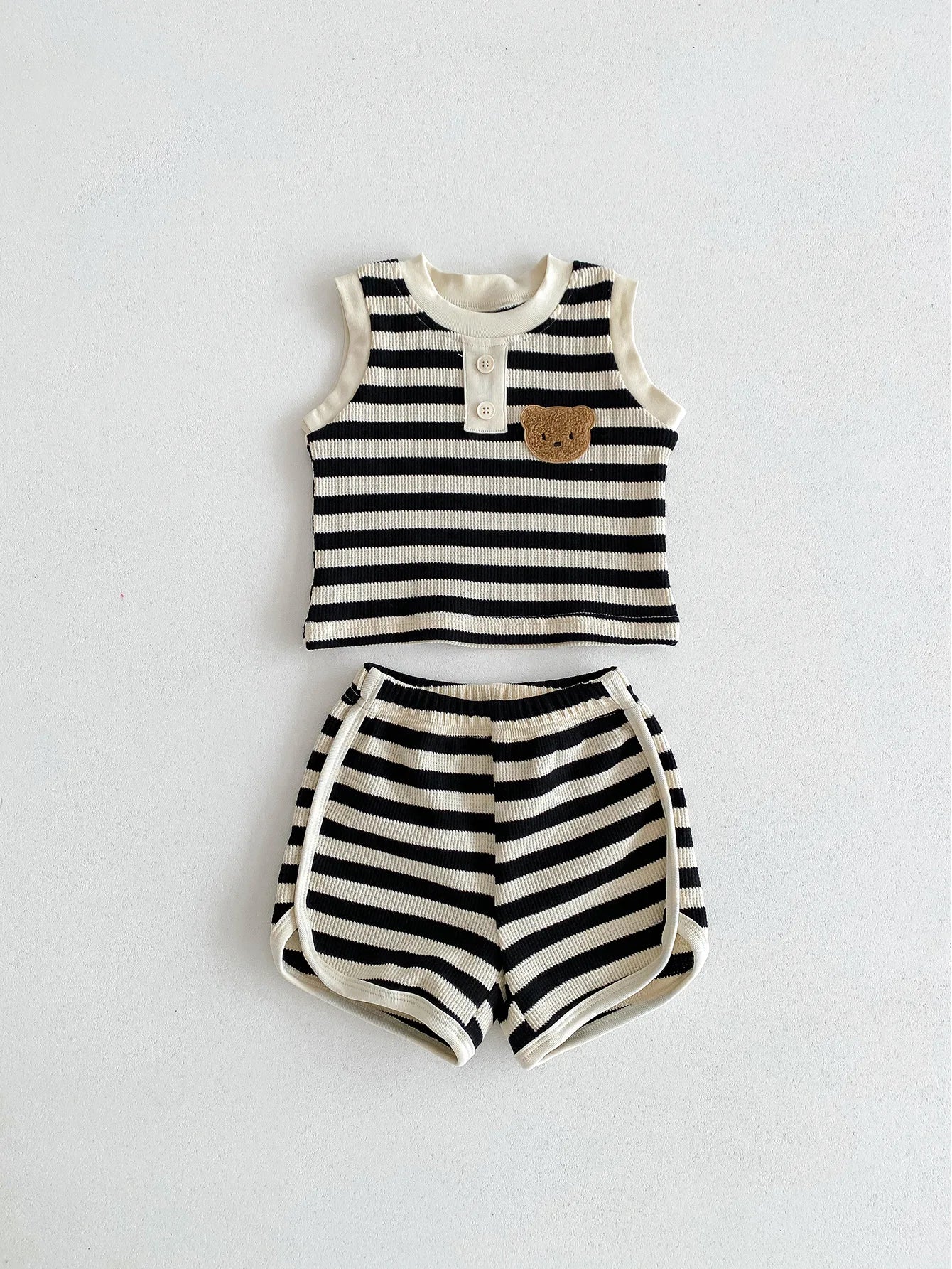 MILANCEL 2024 baby sleeveless set featuring a striped tee and shorts with a bear patch, perfect for boys aged 0-36 months.