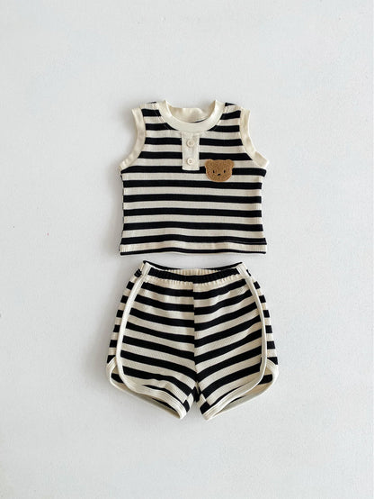 MILANCEL 2024 baby sleeveless set featuring a striped tee and shorts with a bear patch, perfect for boys aged 0-36 months.
