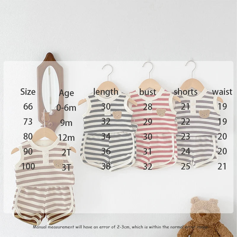 MILANCEL 2024 baby sleeveless set size chart showing striped sleeveless tees and shorts for boys.