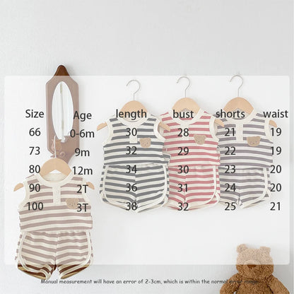 MILANCEL 2024 baby sleeveless set size chart showing striped sleeveless tees and shorts for boys.