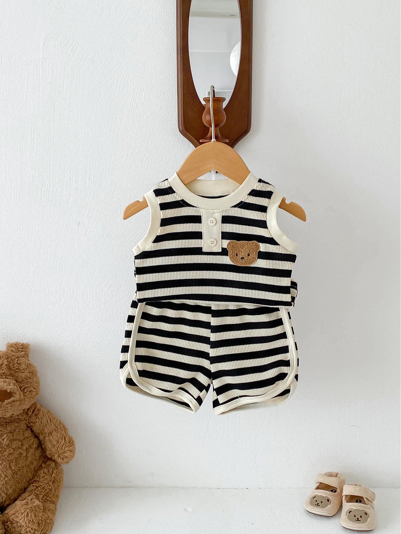 MILANCEL 2024 baby sleeveless set featuring a striped tee and shorts with bear patch, perfect for warm weather.