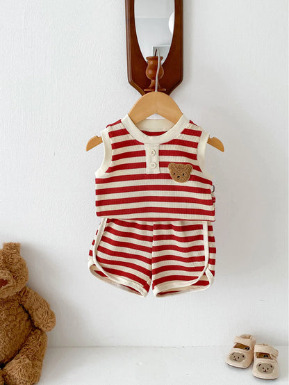 Baby sleeveless striped set featuring a teddy bear patch, ideal for children aged 0-36 months, styled with shorts.